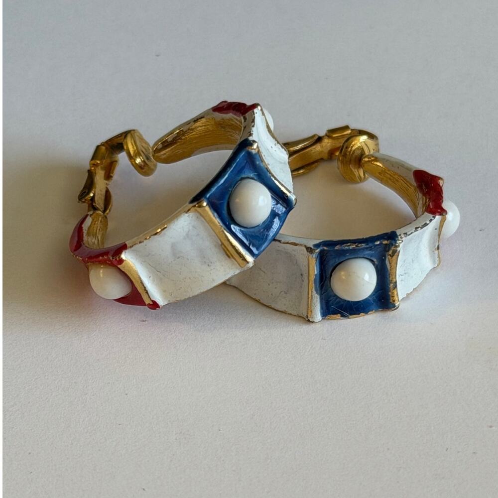 Vintage Patriotic Red White Blue Enamel Clip-On Hoop Earrings